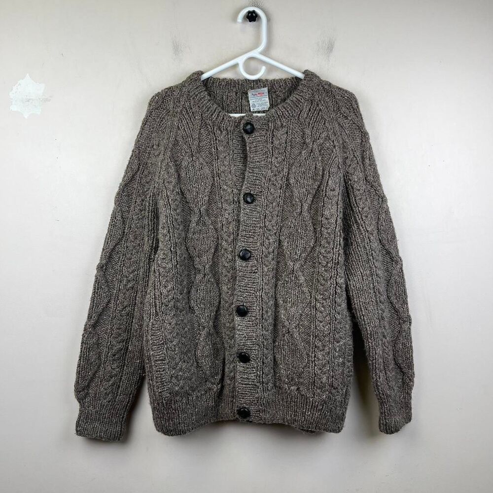 Avoca Handweavers Gray Cable Wool Knit Button Up Cardigan Sweater Size L